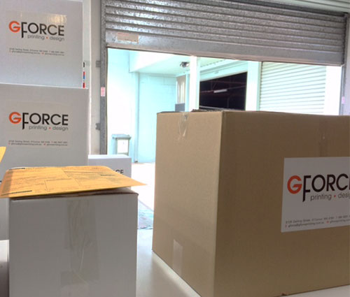 G Force Printing Dispatch Area - Print jobs boxed ready for delivery